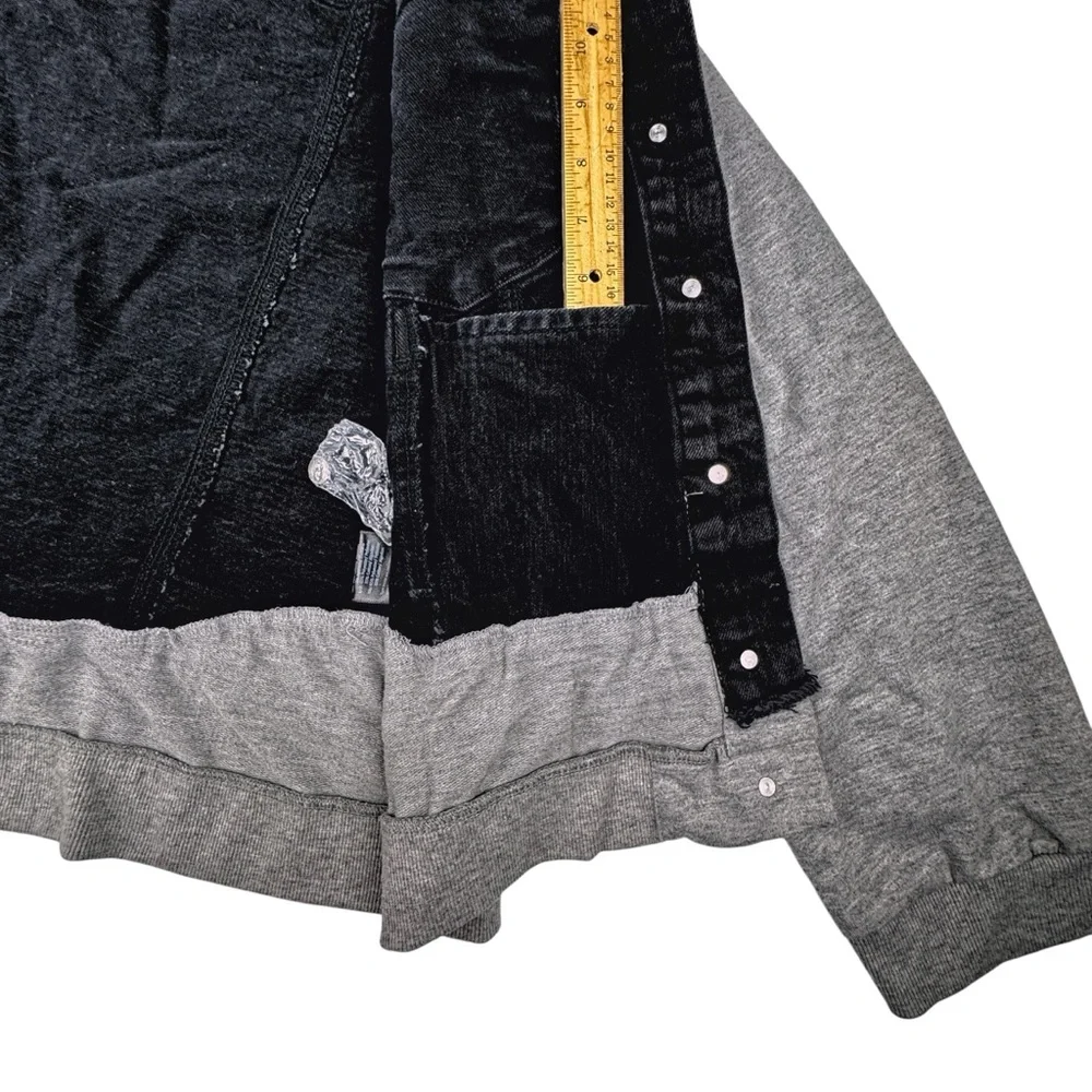 Risen Layered Denim Jacket Removable Hood Womens 2XL Black Distressed Gray Terry